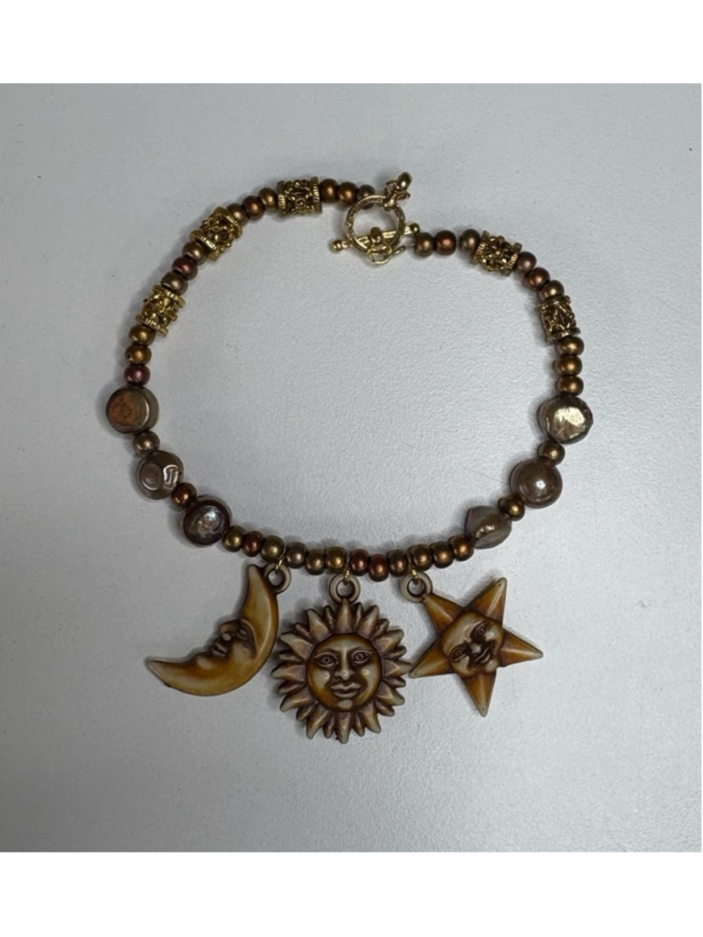 Handmade Sun Moon Star Beaded Clasp Bracelet 7.5” Earth Tones